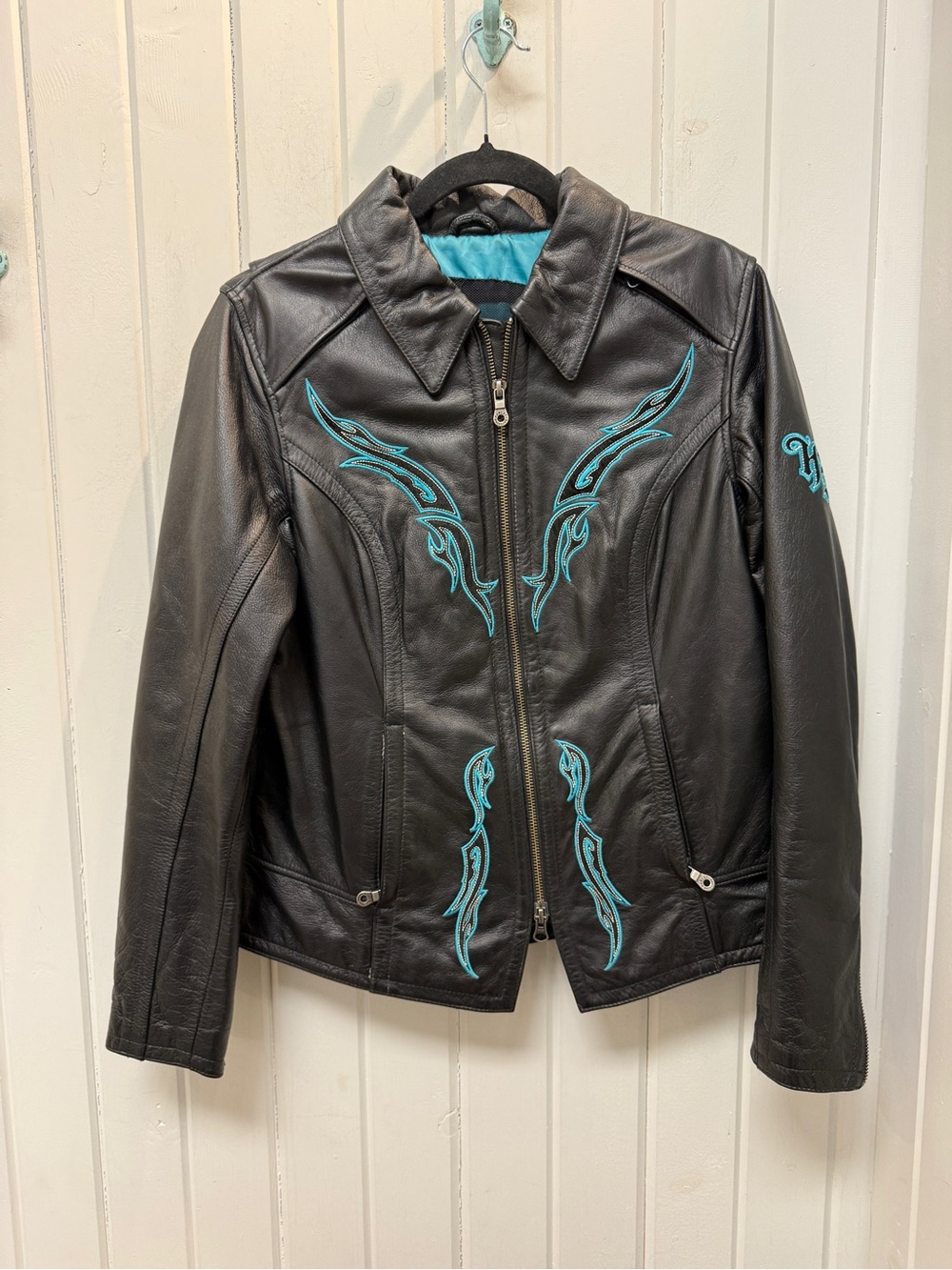 Harley-Davidson Sahara Women’s Riding Jacket Black Leather with Teal Embroidery